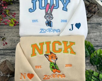 Camiseta bordada de Zootopia de Disneyland, sudadera a juego de Nick y Judy, sudadera con capucha bordada de Nick y Judy para viajes a Disney, regalo para fans de Zootopia