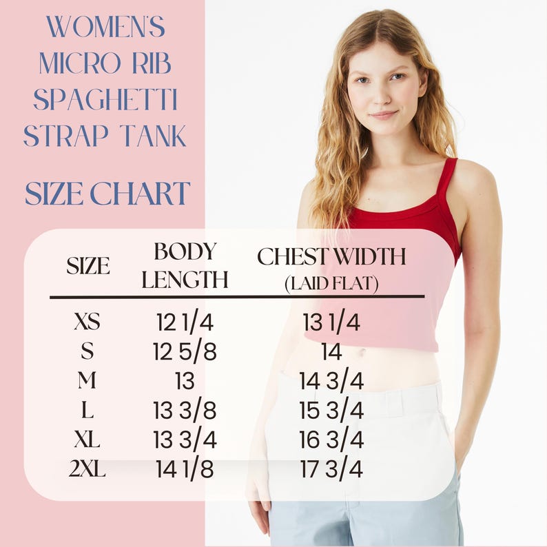 Pu&ograve; includere: Un top senza maniche rosso a micro costine con spalline sottili e una tabella delle taglie. La tabella elenca le taglie XS-2XL, con lunghezze del corpo da 31,1 a 35,9 cm e larghezze del petto da 33,7 a 45,1 cm.