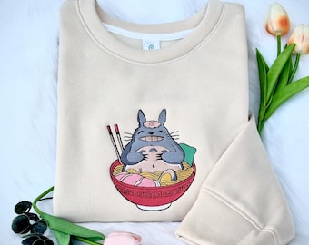 Totoro in the Ramen Bowl Anime Embroidered T-Shirt, Ghibli Studio Totoro Embroidery Sweater, Anime Fan Hoodie, Totoro Anime Fan Gift