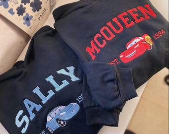 Cars Matching Disneyland Embroidered T-Shirt, Disney Cars Matching Sweatshirt, Mc Queen and Sally Disney Couples Embroidery Hoodie