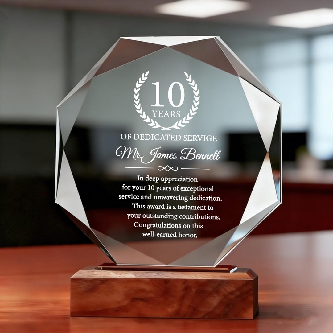 10 Years of Dedicated Service Award, Personalized Employee Crystal ...