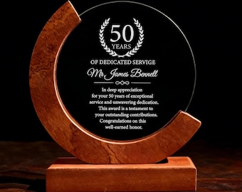 50 Years of Dedicated Service Award, Personalized Employee Crystal Awards, Custom Achievement Glass Trophy, 7" Appreciation Plaques