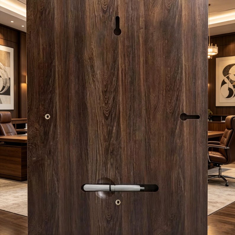 May include: A rectangular dark brown wood panel with a prominent wood grain pattern. The panel features a vertical keyhole slot at the top, a horizontal slot containing a metallic handle, and two small circular metal grommets on the surface.