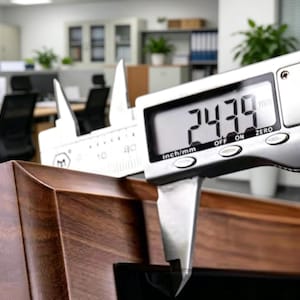 May include: A digital caliper with a silver metal finish measuring a dark brown wooden frame. The digital display screen clearly shows a measurement of 24.39 mm. The tool features buttons labeled inch/mm, off, on, and zero for precise readings.