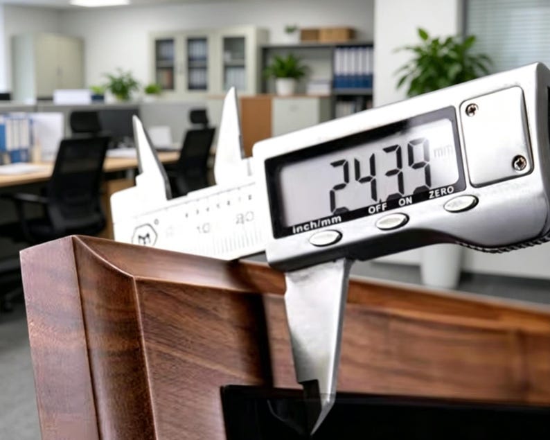 May include: A digital caliper with a silver metal finish measuring a dark brown wooden frame. The digital display screen clearly shows a measurement of 24.39 mm. The tool features buttons labeled inch/mm, off, on, and zero for precise readings.
