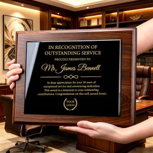May include: A rectangular wooden plaque with a dark walnut finish and a central black plate featuring gold text that reads: IN RECOGNITION OF OUTSTANDING SERVICE, PROUDLY PRESENTED TO Mr. James Bennell, followed by a message of appreciation.
