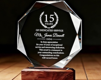15 Years of Dedicated Service Award, Personalized Employee Crystal Awards, Custom Achievement Glass Trophy, 7"/ 8"Appreciation Plaques