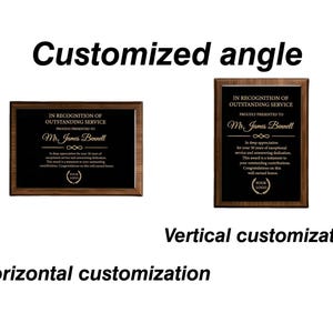May include: Two rectangular wooden plaques with black centers and gold text. The plaques feature the text IN RECOGNITION OF OUTSTANDING SERVICE, PROUDLY PRESENTED TO Mr. James Bennett, and a circular logo placeholder. One is horizontal and one is vertical.