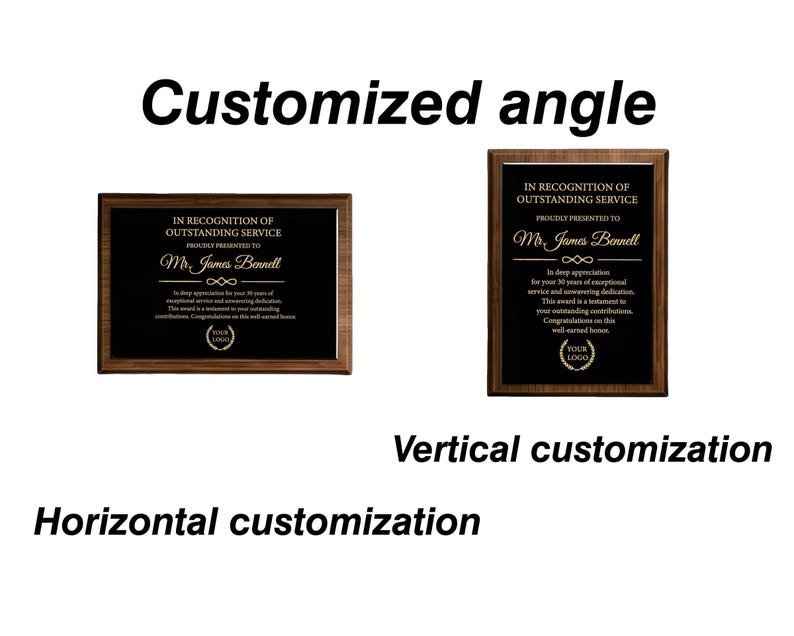 May include: Two rectangular wooden plaques with black centers and gold text. The plaques feature the text IN RECOGNITION OF OUTSTANDING SERVICE, PROUDLY PRESENTED TO Mr. James Bennett, and a circular logo placeholder. One is horizontal and one is vertical.