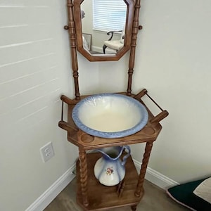 English Wash Basin with Stand, Pitcher Mirror -Antique – Rustic Farmhouse Bathroom Decor – Shabby Chic Vintage Art Deco Home Decor Gift