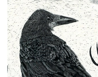 Art Print: Rook, when will she arrive - from Original Scraperboard