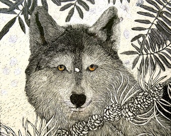 Art Card: Wolf in Larch Branches from original scraperboard 2021