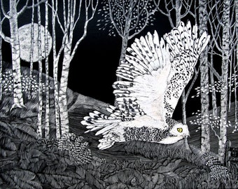 Art Print: Snowy Owl in Birch wood Art Print of Scraperboard Original