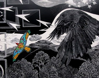 Art Card: Raven between the Worlds from Original Scraperboard