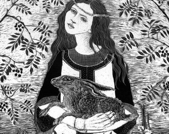 Art Card: St.Melangell - Safe in her arms - from Original Scraperboard