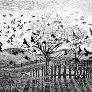 May include: A black and white woodcut print of a bare tree with many birds flying around it. The tree is in a field with a fence in the foreground.