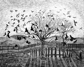 Art Print: Dance of Crows -  Art Print of Original Scraperboard