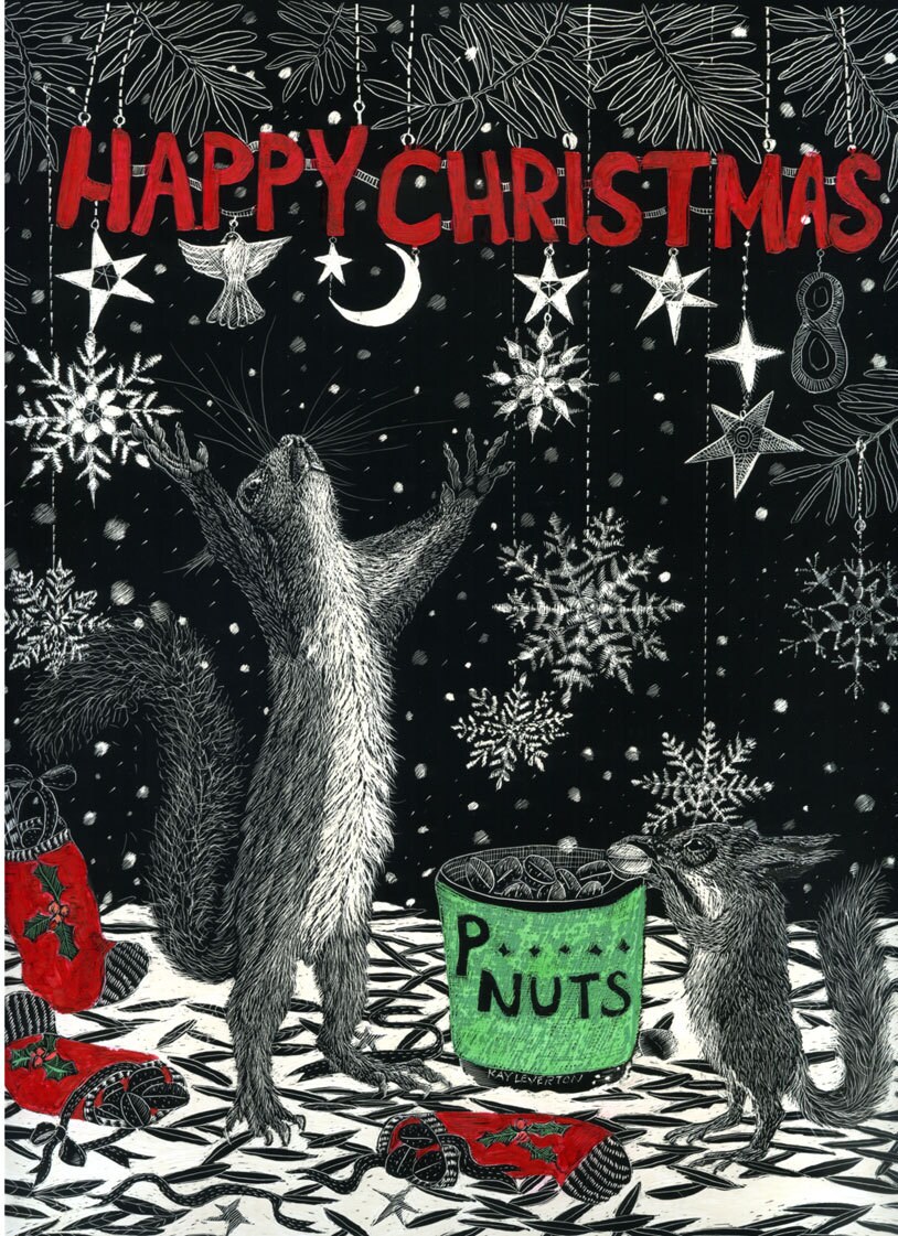 Squirrel Christmas Card from Scraperboard Original