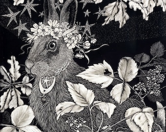 Art Print: The Blessing Hare Art Print of original Scraperboard