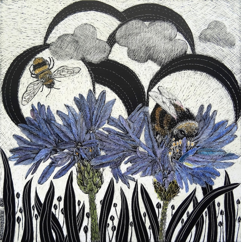 Art Card: Bees on Agapanthus Lily from Scraperboard Design image 1