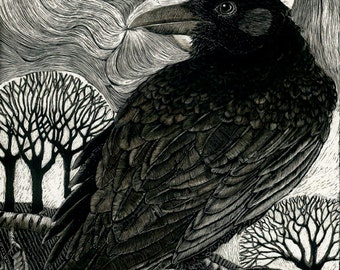 Art Print: Raven Moon - Fine Art Print from the original Scraperboard