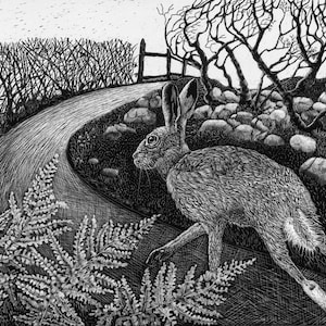 Art Card: Hare on the Run of original Scraperboard