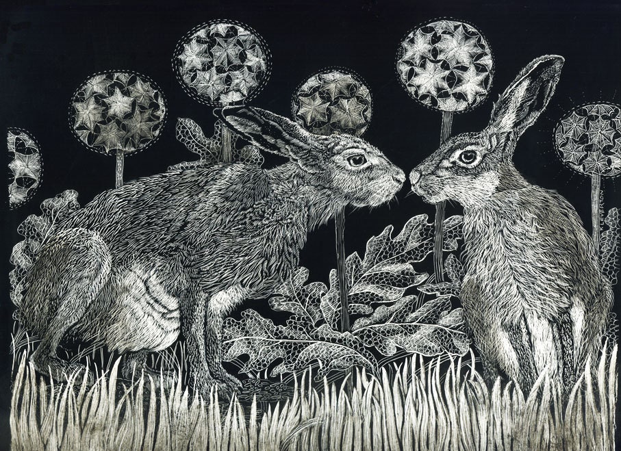 Starstruck Hares Art Greetings Card-  from original Scraperboard
