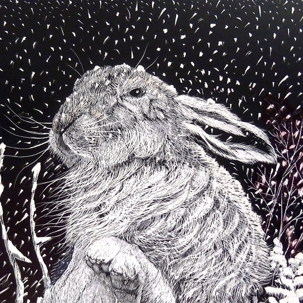 Art Card: Hare in the Snow from original Scraperboard
