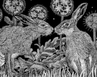Art Card: Star struck Hares from original Scraperboard