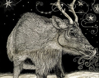 Art Print: Reindeer Spirit Art Print from the original Scraperboard