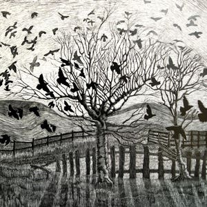 May include: A black and white woodcut print depicting a tree with birds flying around it. The tree is centrally positioned and surrounded by a fence. The background shows a field with hills in the distance.