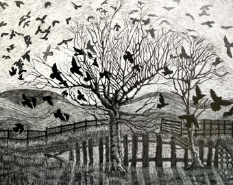 Art Card: Dance of Crows from Original Scraperboard Top Seller.