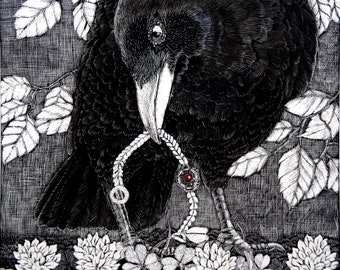 Art Print: Raven finds Treasure from original Scraperboard