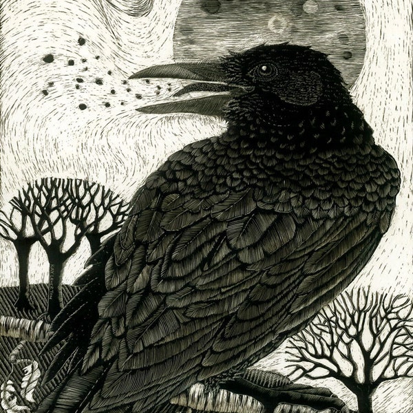 Art Card: Raven's Song from original Scraperboard design