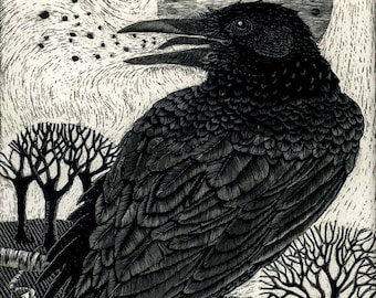 Art Print: Raven Song from Scraperboard Original