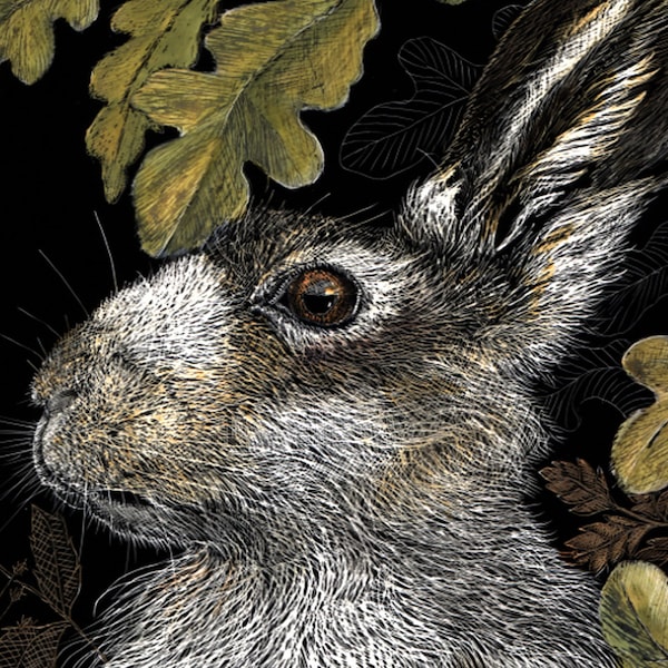 Art Card: Hare at Field Margins from Scraperboard original work