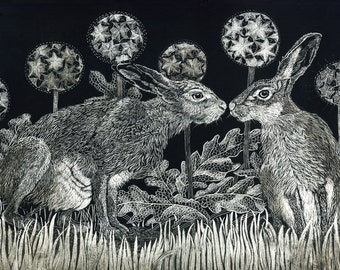 Art Print: Starstruck Hares Fine Art Print of Original Scraperboard