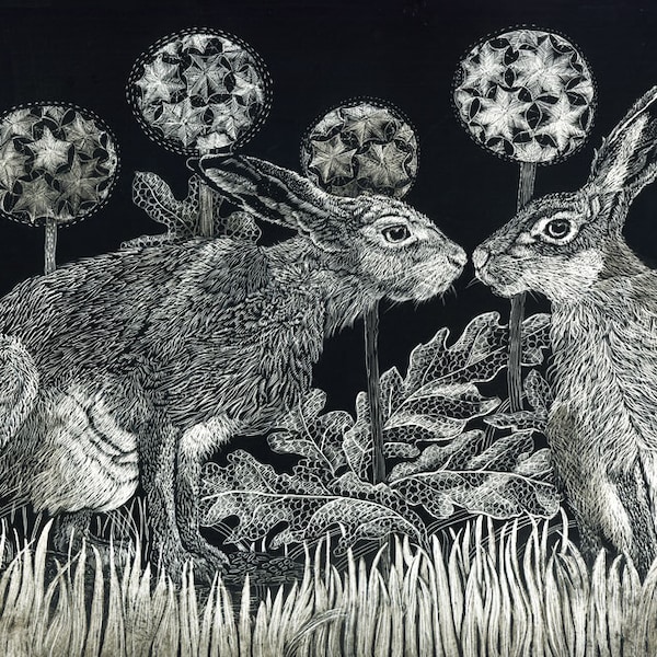 Art Print: Starstruck Hares Fine Art Print of Original Scraperboard