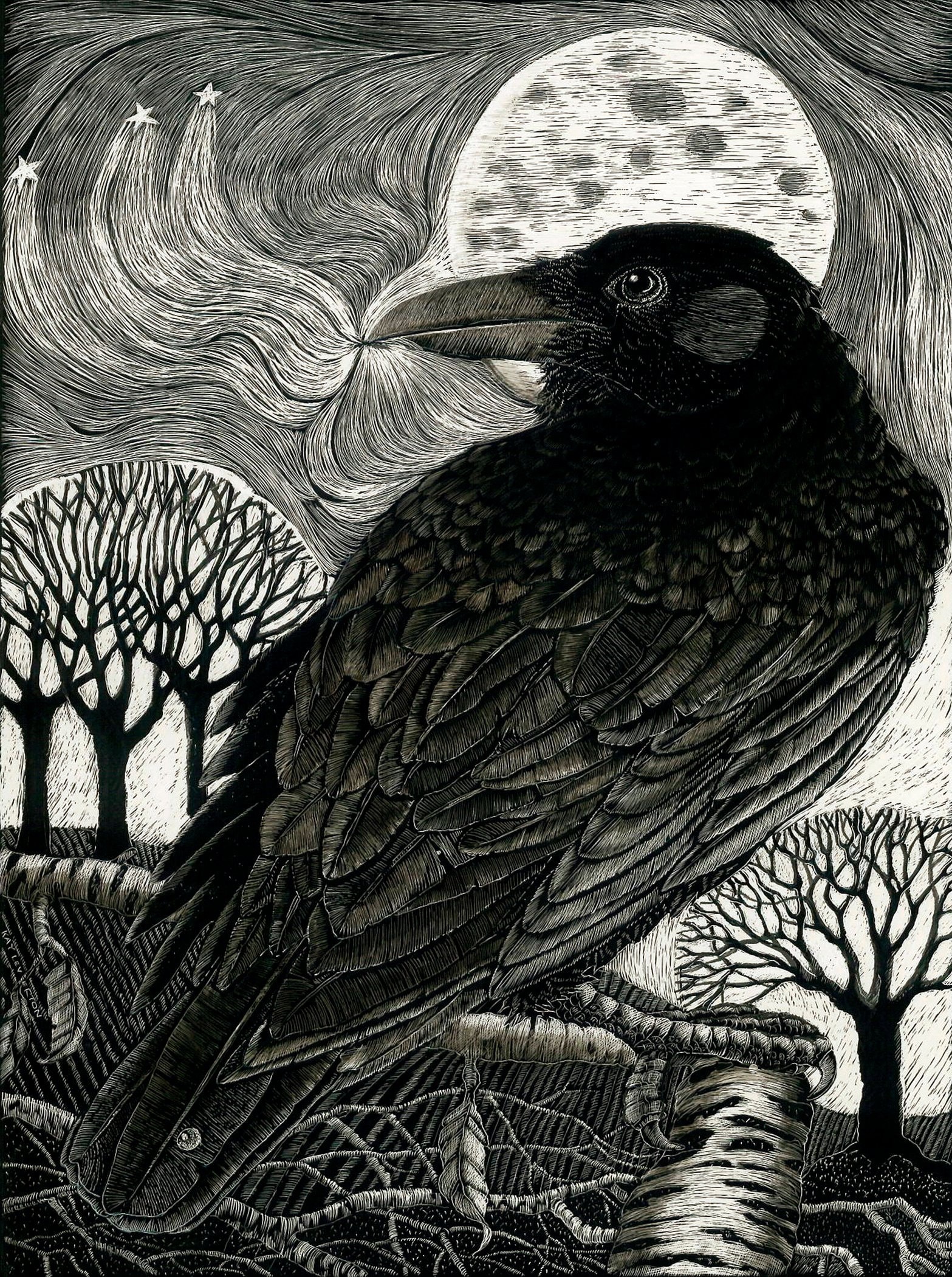 Raven Moon Blank Art Card of Original Scraperboard