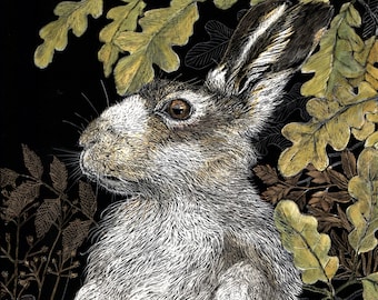 Art Print: Hare at Field Margin Art Print from Scraperboard 2021