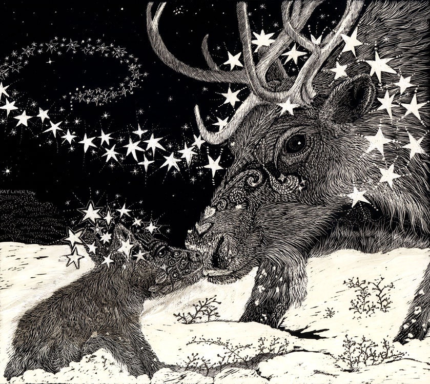 Hello,Star Reindeer Christmas Card from Scraperboard original