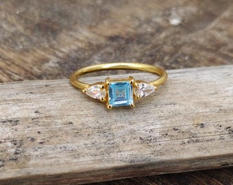 Aquamarine Dainty Ring, Gold Minimalist Ring, March Birthstone Ring, Sterling Silver Ring, Thin Ring, Delicate Ring, Gift for Her, Gemstone