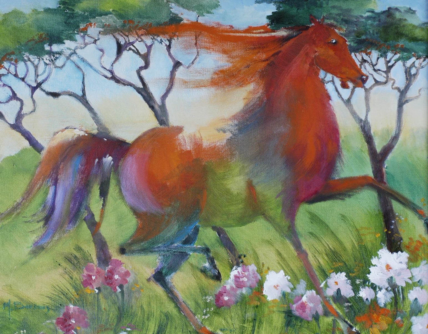 Orange Horse Prancing in Flowers Original Oil Painting Etsy