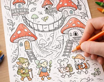 Mushroom World Explorers Coloring Book | 10 Printable Pages | Cute Fantasy Mushroom Coloring Pages For Kids | Instant Download
