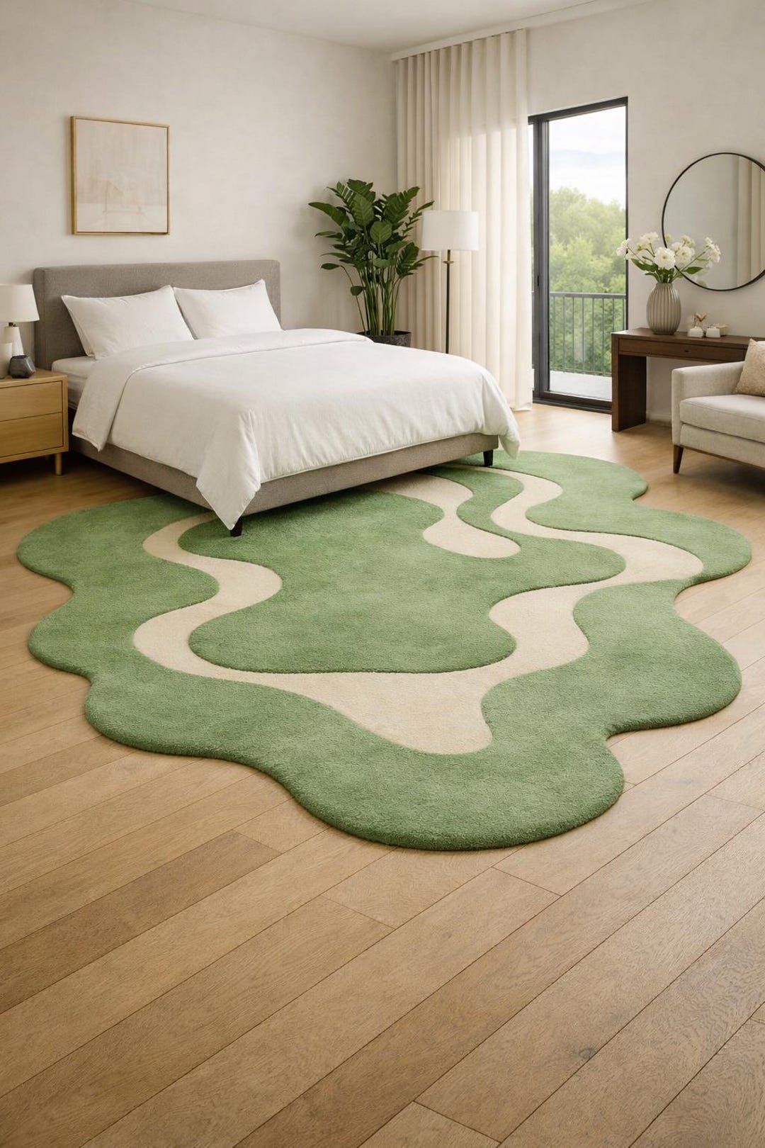 Hand Tufted Area Rug, Modern Green Irregular Shape Rug,living Room Home ...