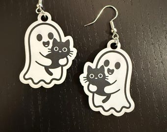 Holiday Halloween Ghost Holding Cat Earrings