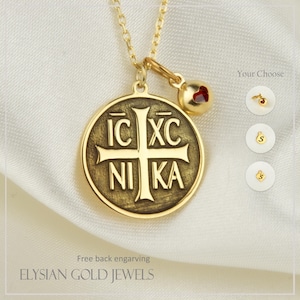 14K Solid Gold Byzantine Constantine Coin Necklace – ICXC NIKA Cross Pendant, Greek Disc Necklace for Women, Religious Protection Charm
