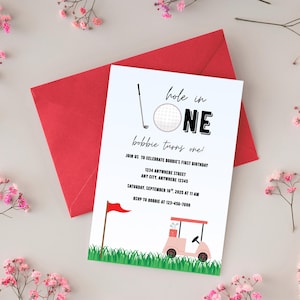 Hole in One First Birthday Invitation | Pink Golf Cart Birthday Party Invite | Golf Themed Birthday Party Invite | Editable Canva Template
