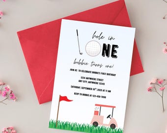 Hole in One First Birthday Invitation | Pink Golf Cart Birthday Party Invite | Golf Themed Birthday Party Invite | Editable Canva Template