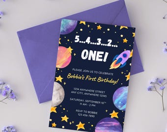 Blast Off Space Birthday Invitation | Rocket First Birthday Party Invite | Outer Space Galaxy Printable Template